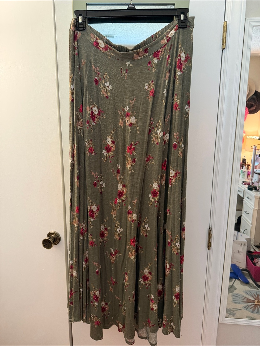 Versona Olive Maxi Skirt with Red Floral Print